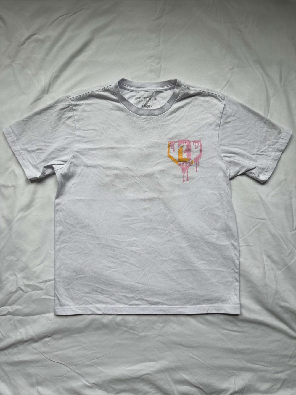 Kids White Short-Sleeve Tee with Pink & Yellow Drip Graphic